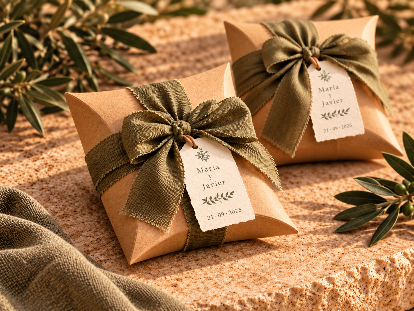 Caja kraft de detalle de boda con lazo oliva y etiqueta personalizada
